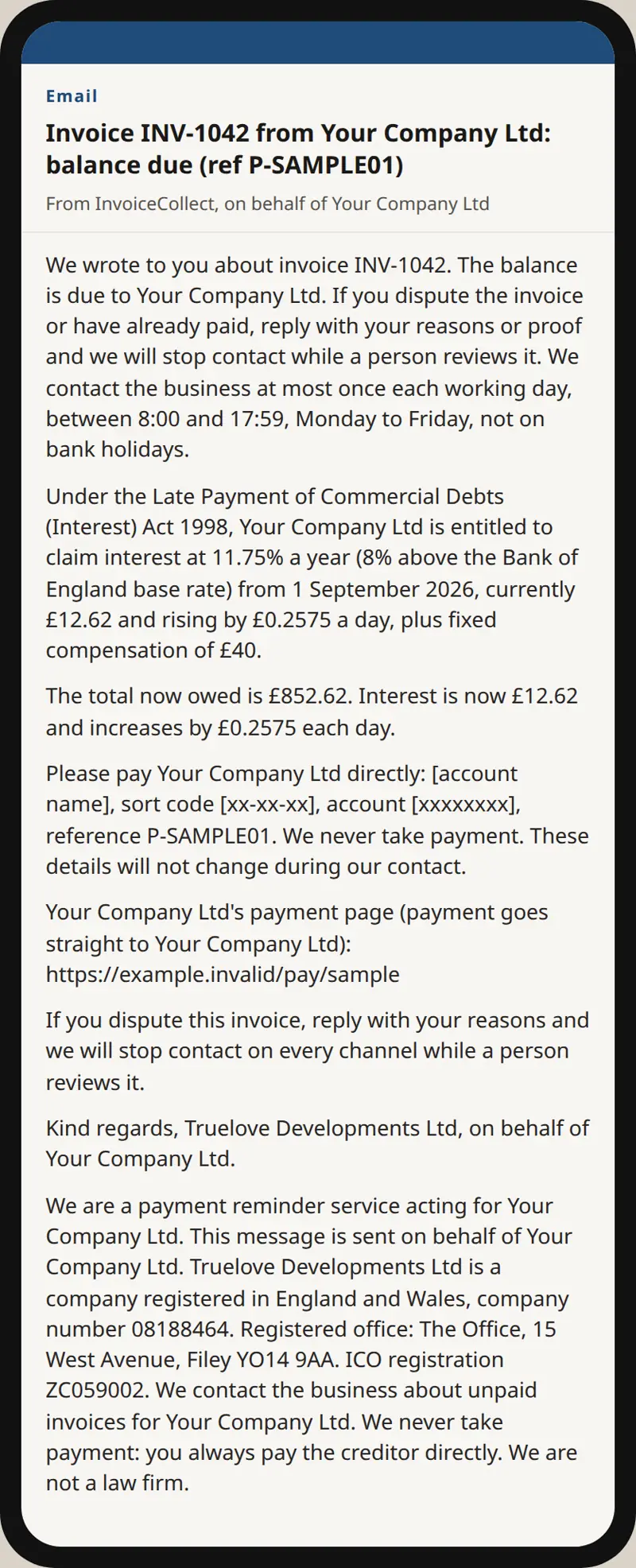 Sample chase email on a phone. Invoice INV-1042 from Your Company Ltd, with the interest and compensation.