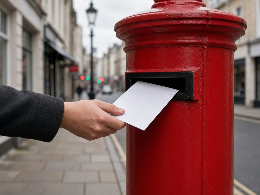 A letter being posted in a red UK post box.