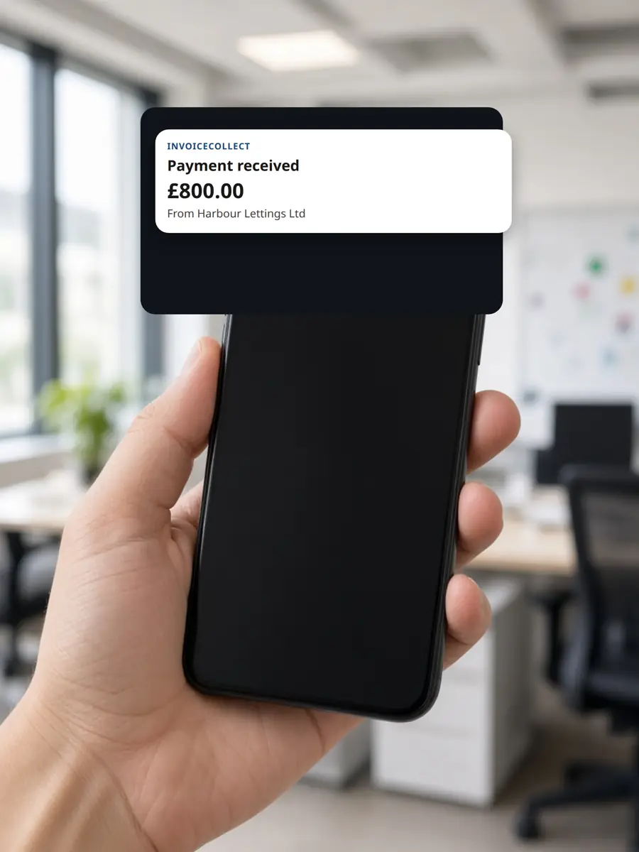 A phone showing a payment notification for £800.00 from Harbour Lettings Ltd.